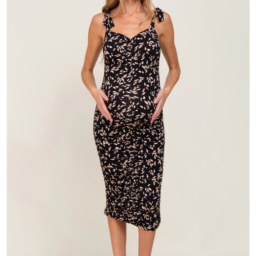 New Pinkblush Black Printed Rouched Shoulder Tie Midi Dress